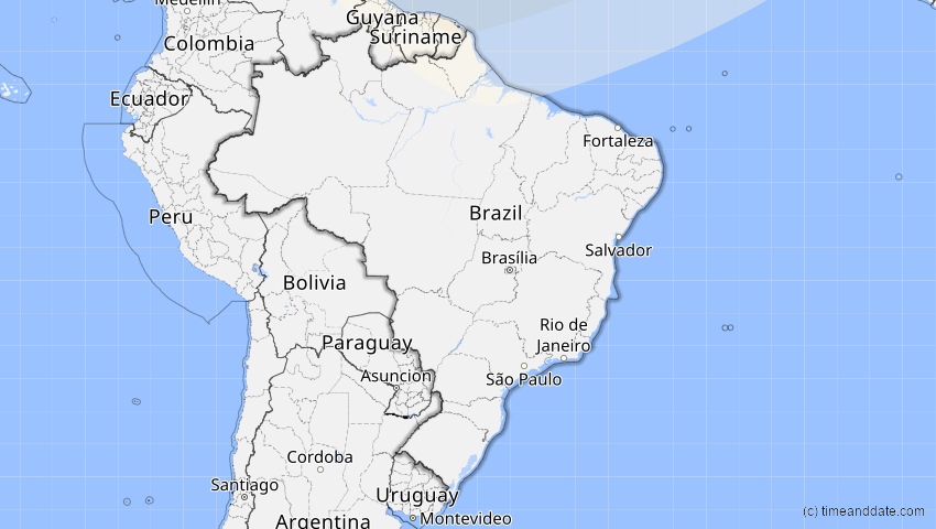 A map of Brasilien, showing the path of the 1. Mai 2079 Totale Sonnenfinsternis