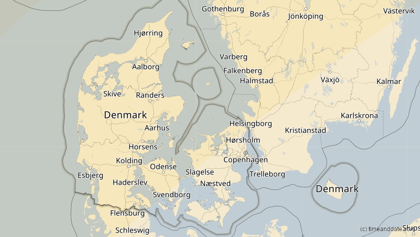 A map of Dänemark, showing the path of the 1. Mai 2079 Totale Sonnenfinsternis
