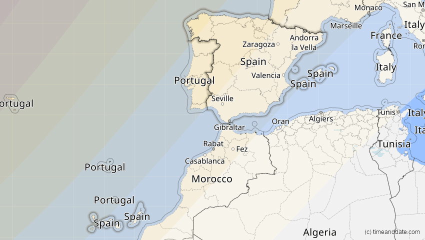 A map of Spanien, showing the path of the 1. Mai 2079 Totale Sonnenfinsternis