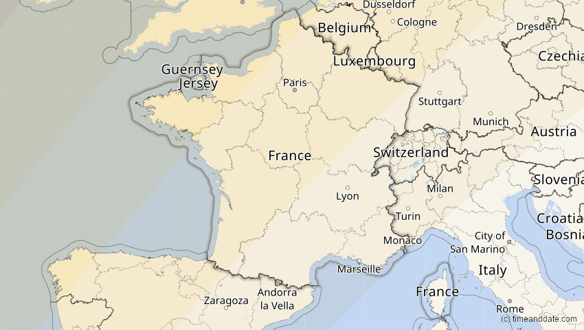 A map of Frankreich, showing the path of the 1. Mai 2079 Totale Sonnenfinsternis