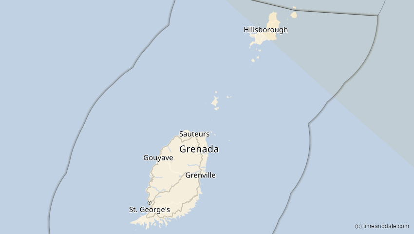 A map of Grenada, showing the path of the 1. Mai 2079 Totale Sonnenfinsternis