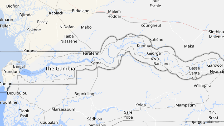 A map of Gambia, showing the path of the 1. Mai 2079 Totale Sonnenfinsternis