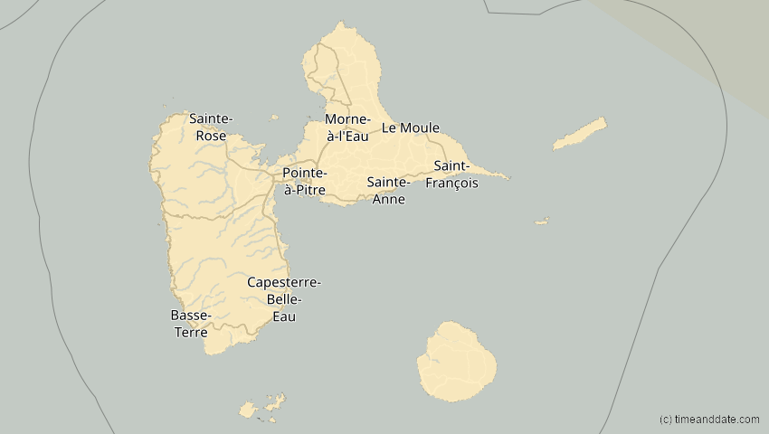 A map of Guadeloupe, showing the path of the 1. Mai 2079 Totale Sonnenfinsternis