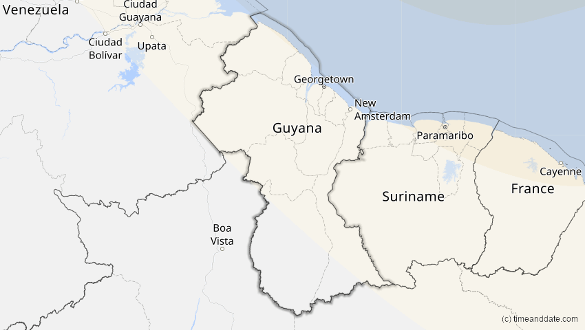A map of Guyana, showing the path of the 1. Mai 2079 Totale Sonnenfinsternis