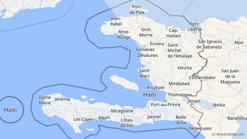 A map of Haiti, showing the path of the 1. Mai 2079 Totale Sonnenfinsternis