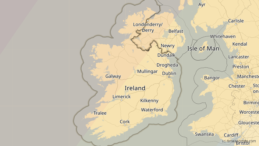 A map of Irland, showing the path of the 1. Mai 2079 Totale Sonnenfinsternis