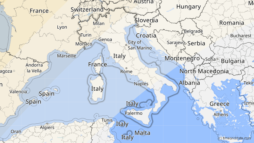 A map of Italien, showing the path of the 1. Mai 2079 Totale Sonnenfinsternis