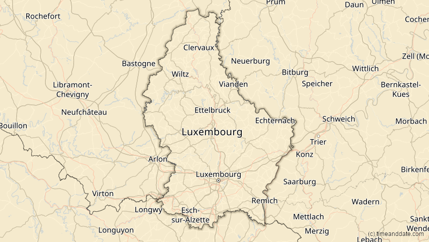 A map of Luxemburg, showing the path of the 1. Mai 2079 Totale Sonnenfinsternis