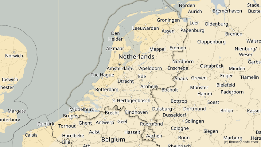 A map of Niederlande, showing the path of the 1. Mai 2079 Totale Sonnenfinsternis
