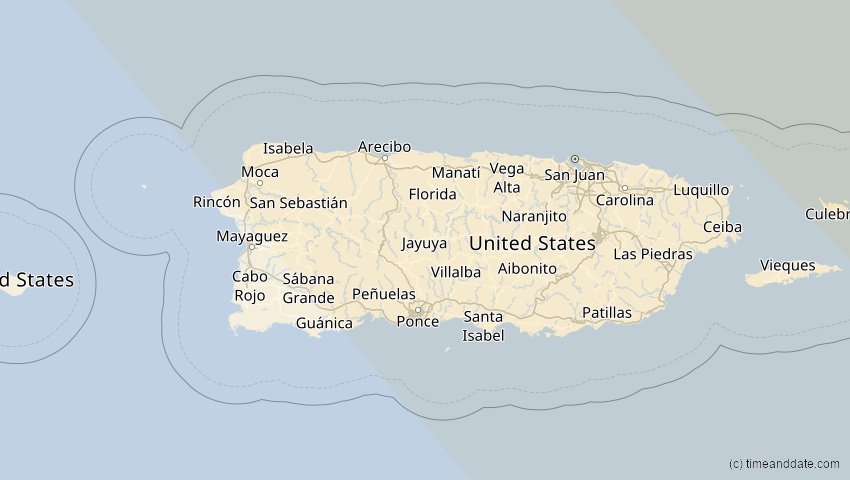A map of Puerto Rico, showing the path of the 1. Mai 2079 Totale Sonnenfinsternis
