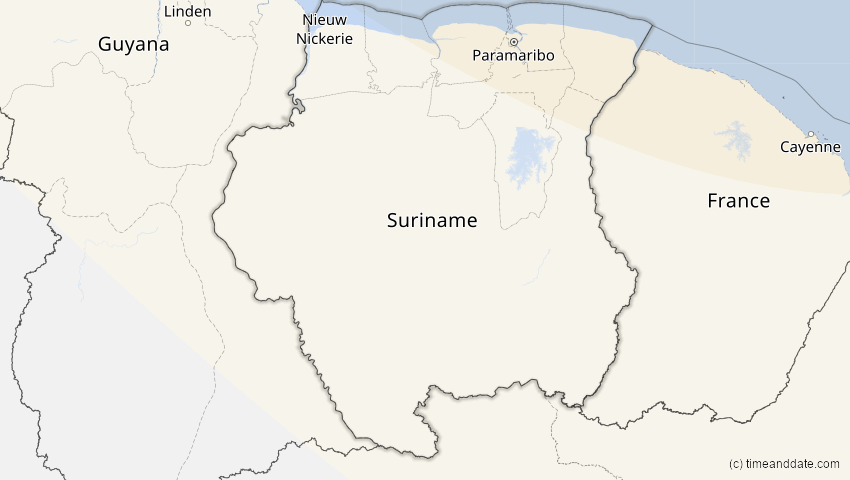A map of Suriname, showing the path of the 1. Mai 2079 Totale Sonnenfinsternis