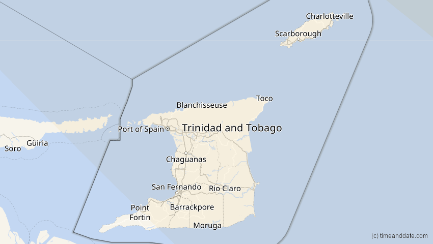 A map of Trinidad und Tobago, showing the path of the 1. Mai 2079 Totale Sonnenfinsternis