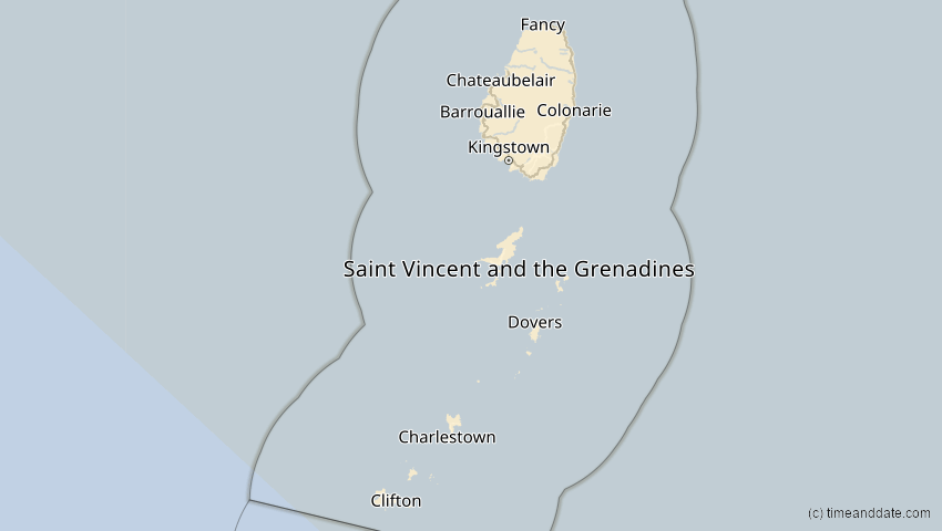 A map of St. Vincent und die Grenadinen, showing the path of the 1. Mai 2079 Totale Sonnenfinsternis