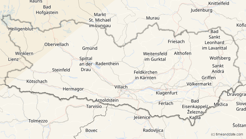 A map of Kärnten, Österreich, showing the path of the 1. Mai 2079 Totale Sonnenfinsternis