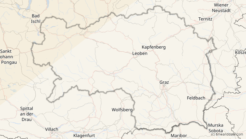 A map of Steiermark, Österreich, showing the path of the 1. Mai 2079 Totale Sonnenfinsternis