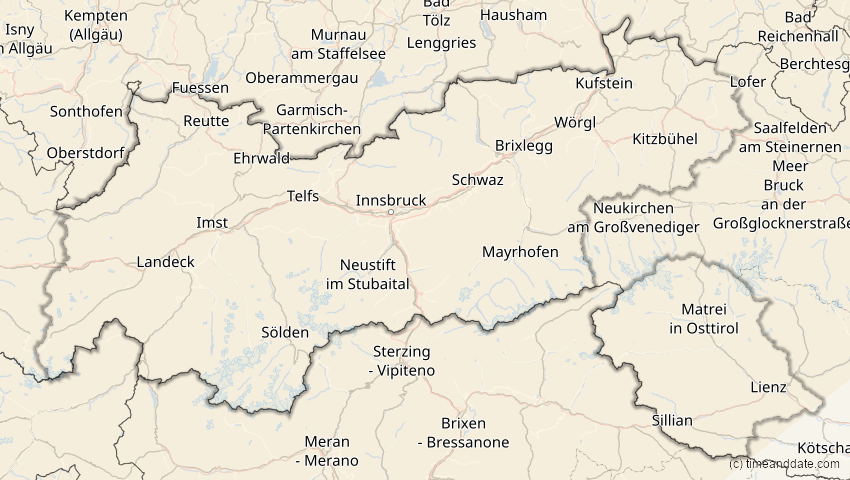 A map of Tirol, Österreich, showing the path of the 1. Mai 2079 Totale Sonnenfinsternis