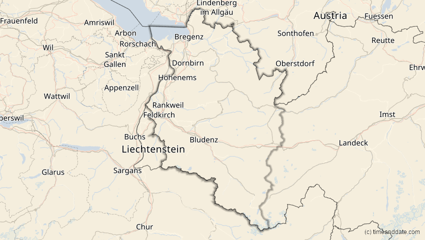 A map of Vorarlberg, Österreich, showing the path of the 1. Mai 2079 Totale Sonnenfinsternis