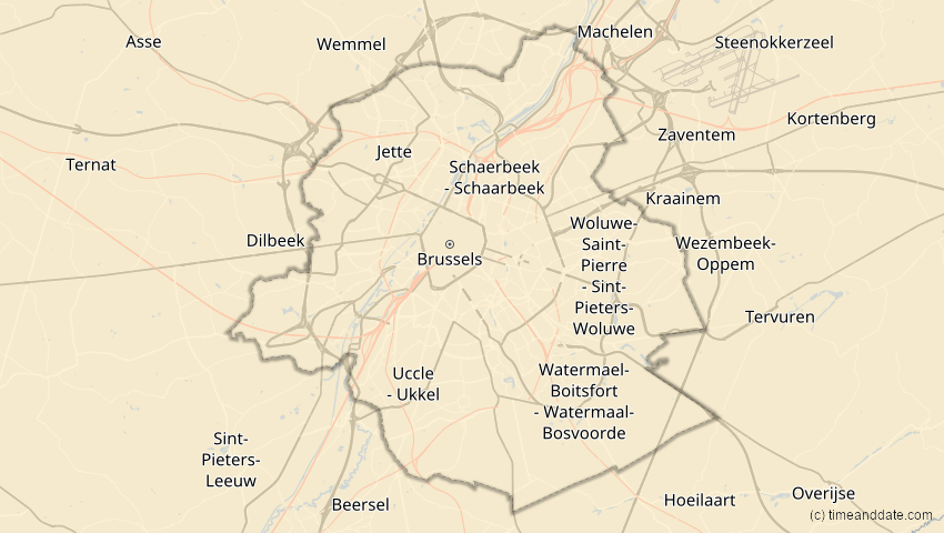 A map of Brüssel, Belgien, showing the path of the 1. Mai 2079 Totale Sonnenfinsternis
