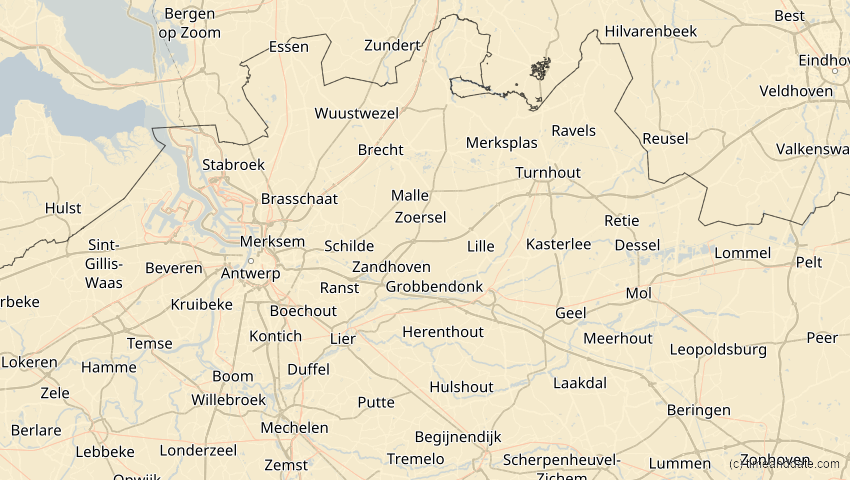 A map of Antwerpen, Belgien, showing the path of the 1. Mai 2079 Totale Sonnenfinsternis