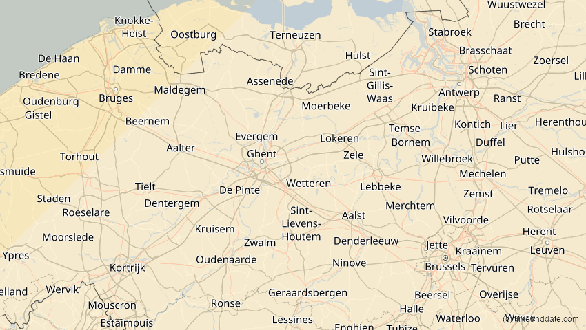 A map of Ostflandern, Belgien, showing the path of the 1. Mai 2079 Totale Sonnenfinsternis