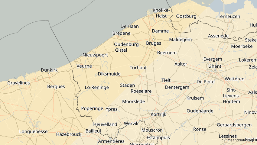 A map of Westflandern, Belgien, showing the path of the 1. Mai 2079 Totale Sonnenfinsternis