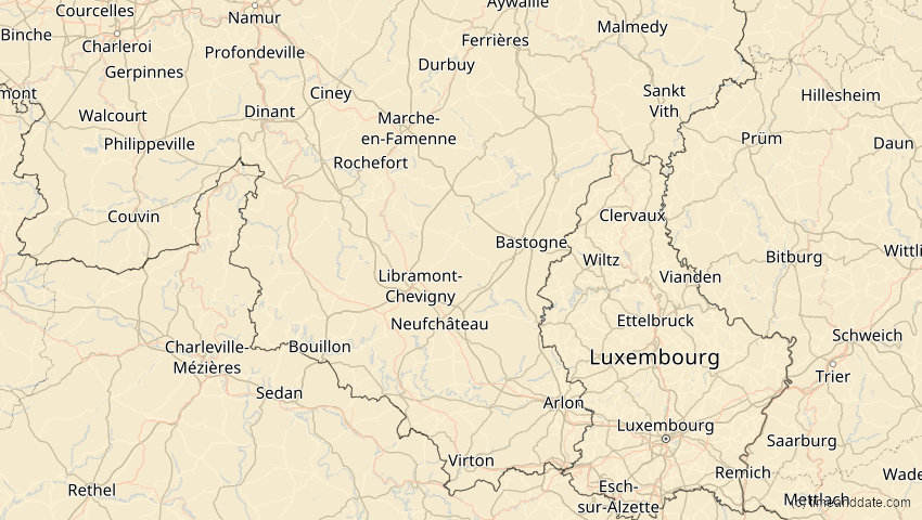 A map of Luxemburg, Belgien, showing the path of the 1. Mai 2079 Totale Sonnenfinsternis