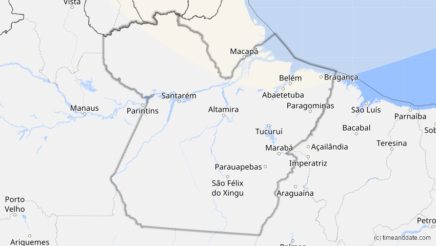 A map of Pará, Brasilien, showing the path of the 1. Mai 2079 Totale Sonnenfinsternis