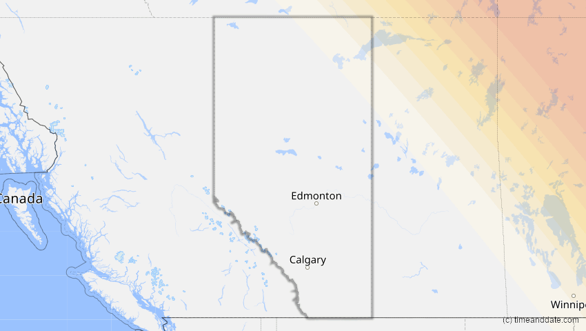 A map of Alberta, Kanada, showing the path of the 1. Mai 2079 Totale Sonnenfinsternis