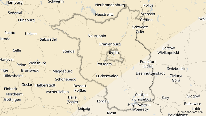 A map of Brandenburg, Deutschland, showing the path of the 1. Mai 2079 Totale Sonnenfinsternis