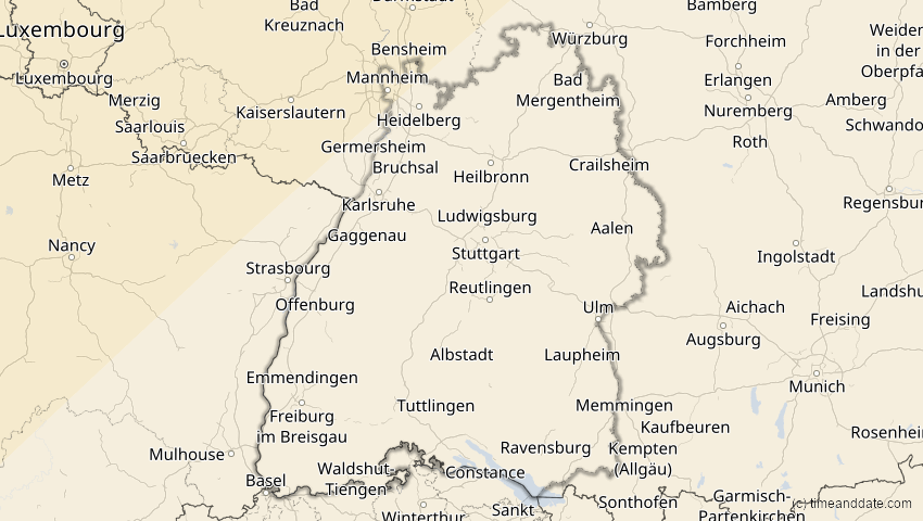 A map of Baden-Württemberg, Deutschland, showing the path of the 1. Mai 2079 Totale Sonnenfinsternis