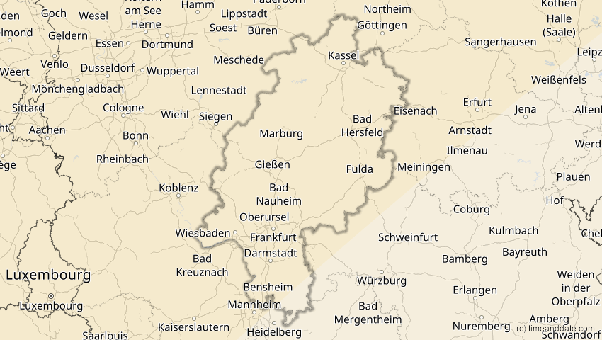 A map of Hessen, Deutschland, showing the path of the 1. Mai 2079 Totale Sonnenfinsternis