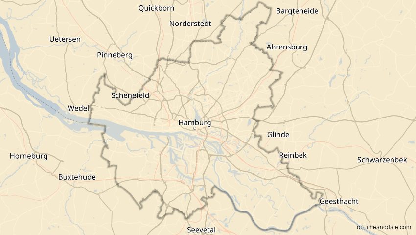 A map of Hamburg, Deutschland, showing the path of the 1. Mai 2079 Totale Sonnenfinsternis