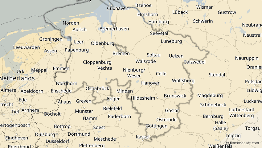 A map of Niedersachsen, Deutschland, showing the path of the 1. Mai 2079 Totale Sonnenfinsternis