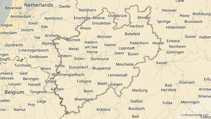 A map of Nordrhein-Westfalen, Deutschland, showing the path of the 1. Mai 2079 Totale Sonnenfinsternis