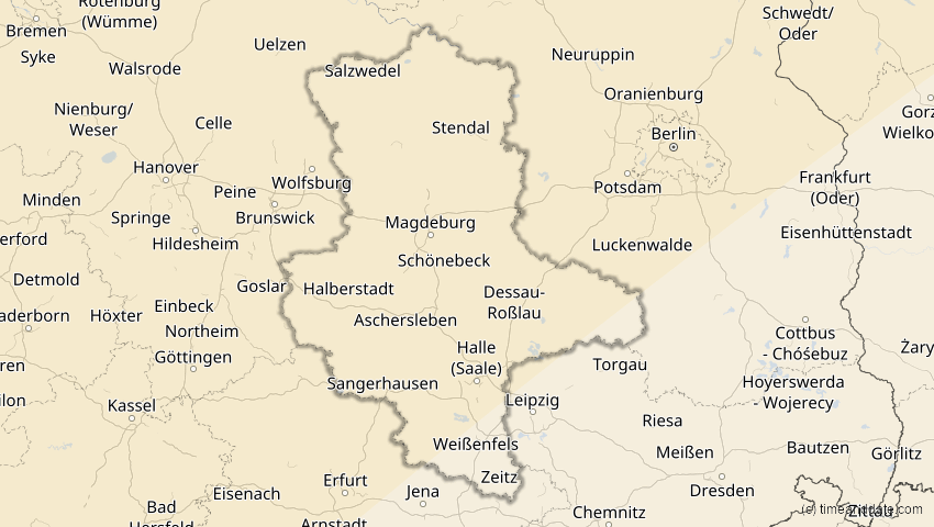 A map of Sachsen-Anhalt, Deutschland, showing the path of the 1. Mai 2079 Totale Sonnenfinsternis
