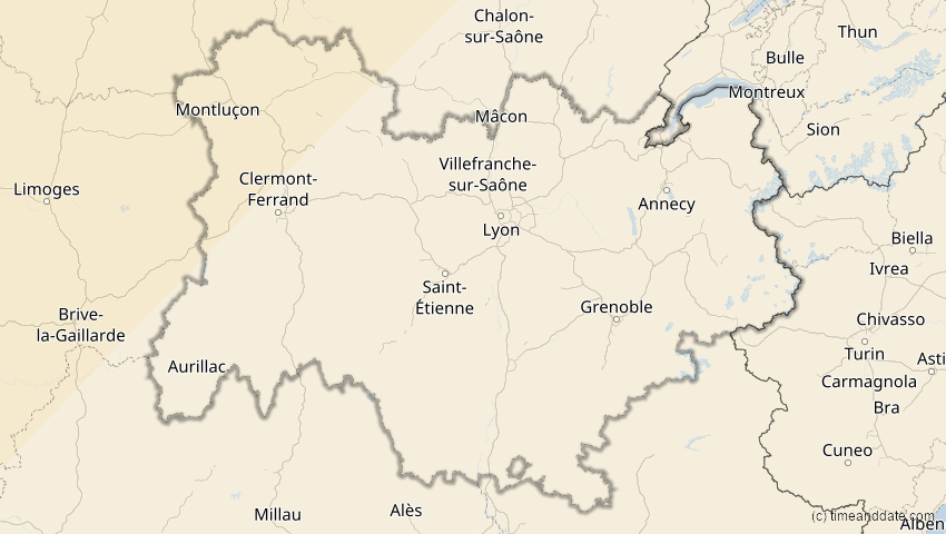 A map of Auvergne-Rhône-Alpes, Frankreich, showing the path of the 1. Mai 2079 Totale Sonnenfinsternis