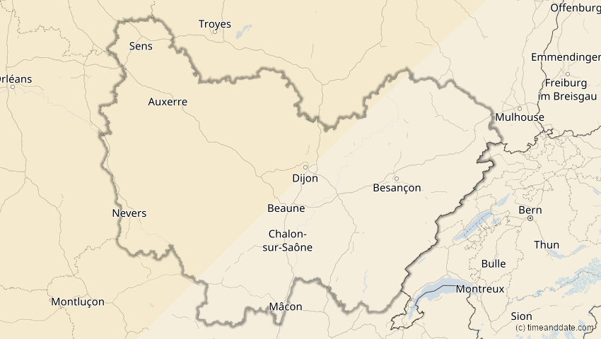 A map of Bourgogne-Franche-Comté, Frankreich, showing the path of the 1. Mai 2079 Totale Sonnenfinsternis