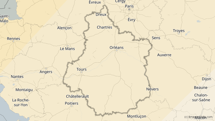 A map of Centre-Val de Loire, Frankreich, showing the path of the 1. Mai 2079 Totale Sonnenfinsternis