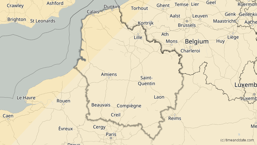 A map of Hauts-de-France, Frankreich, showing the path of the 1. Mai 2079 Totale Sonnenfinsternis