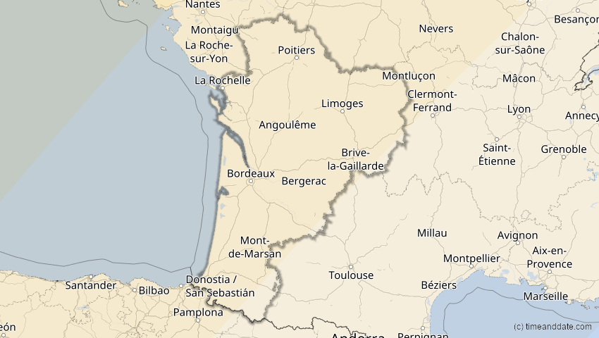 A map of Nouvelle-Aquitaine, Frankreich, showing the path of the 1. Mai 2079 Totale Sonnenfinsternis
