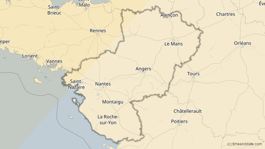 A map of Pays de la Loire, Frankreich, showing the path of the 1. Mai 2079 Totale Sonnenfinsternis