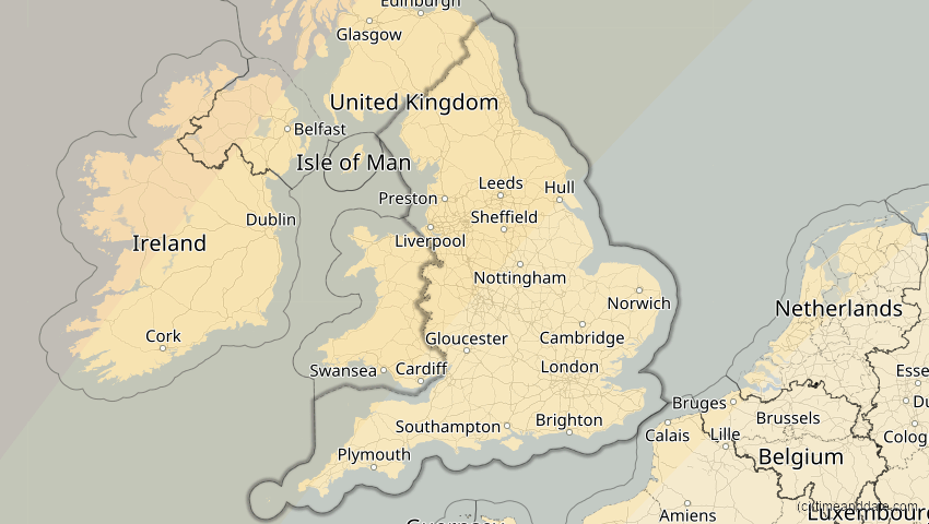 A map of England, Großbritannien, showing the path of the 1. Mai 2079 Totale Sonnenfinsternis