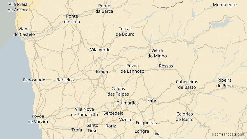 A map of Braga, Portugal, showing the path of the 1. Mai 2079 Totale Sonnenfinsternis