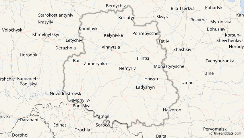 A map of Winnyzja, Ukraine, showing the path of the 1. Mai 2079 Totale Sonnenfinsternis