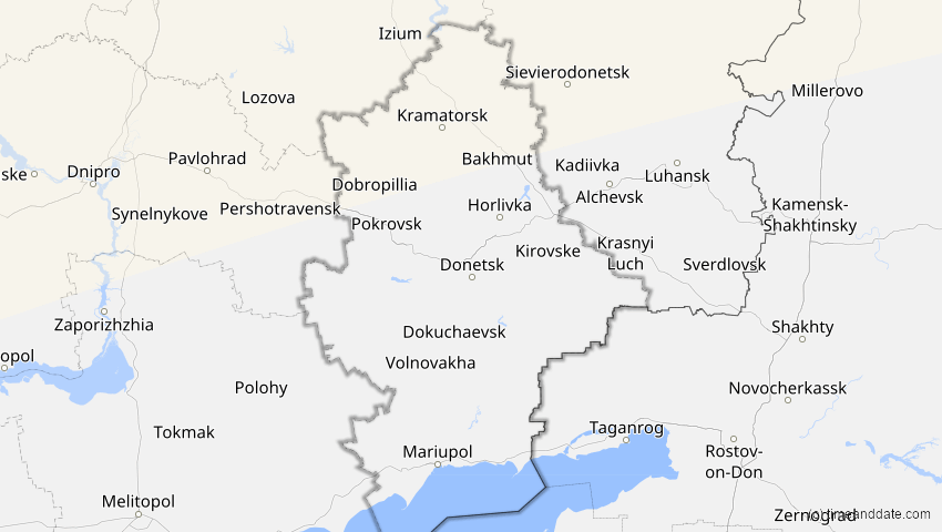 A map of Donezk, Ukraine, showing the path of the 1. Mai 2079 Totale Sonnenfinsternis