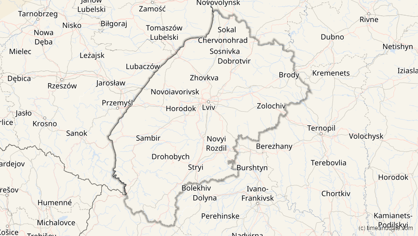 A map of Lwiw, Ukraine, showing the path of the 1. Mai 2079 Totale Sonnenfinsternis