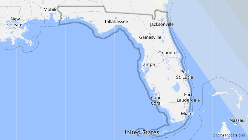 A map of Florida, USA, showing the path of the 1. Mai 2079 Totale Sonnenfinsternis
