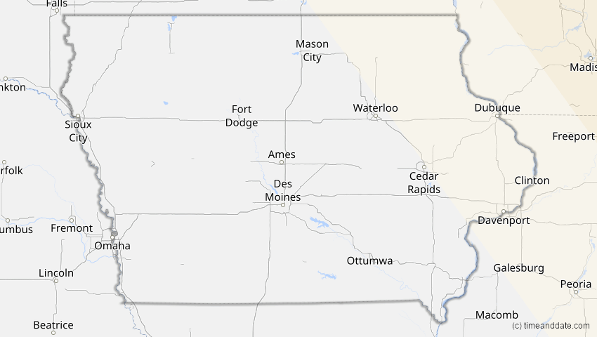 A map of Iowa, USA, showing the path of the 1. Mai 2079 Totale Sonnenfinsternis