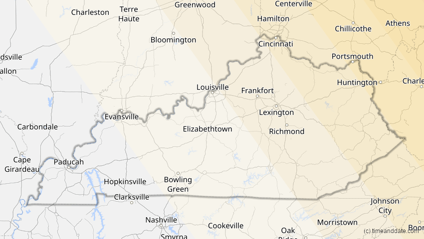 A map of Kentucky, USA, showing the path of the 1. Mai 2079 Totale Sonnenfinsternis