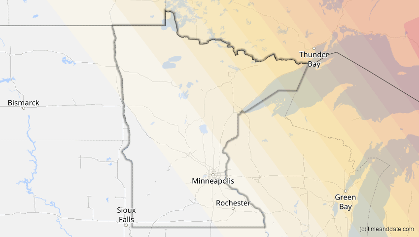 A map of Minnesota, USA, showing the path of the 1. Mai 2079 Totale Sonnenfinsternis